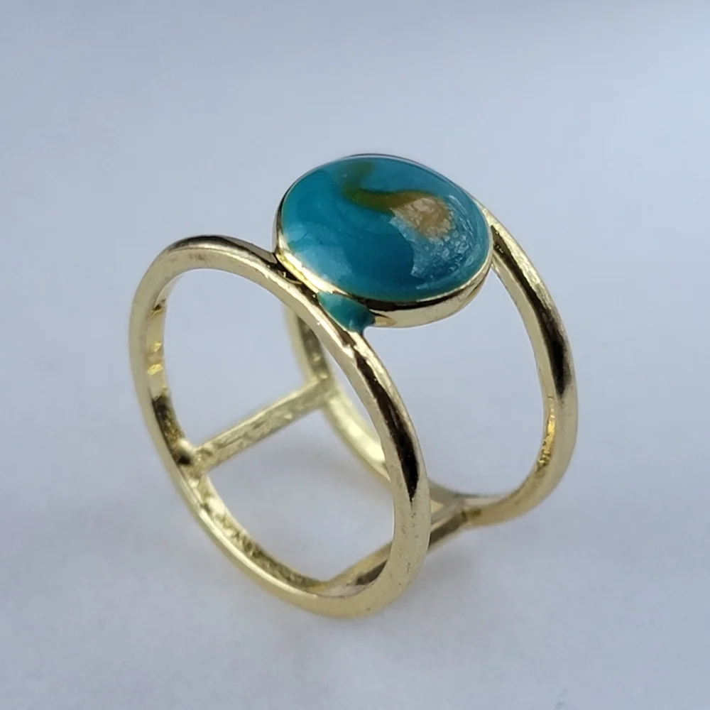 Turquoise and Gold Swirl Enamel Ring Gold Tone Size 6.5 Midi Ring